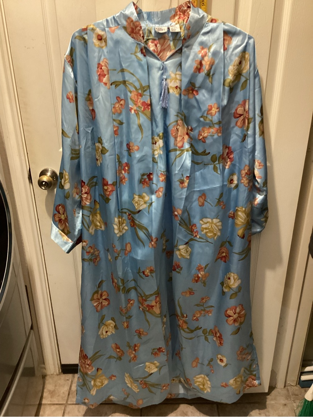 Hanes Light Blue Floral Satin Sleep Dress with Pink & Green Flowers
